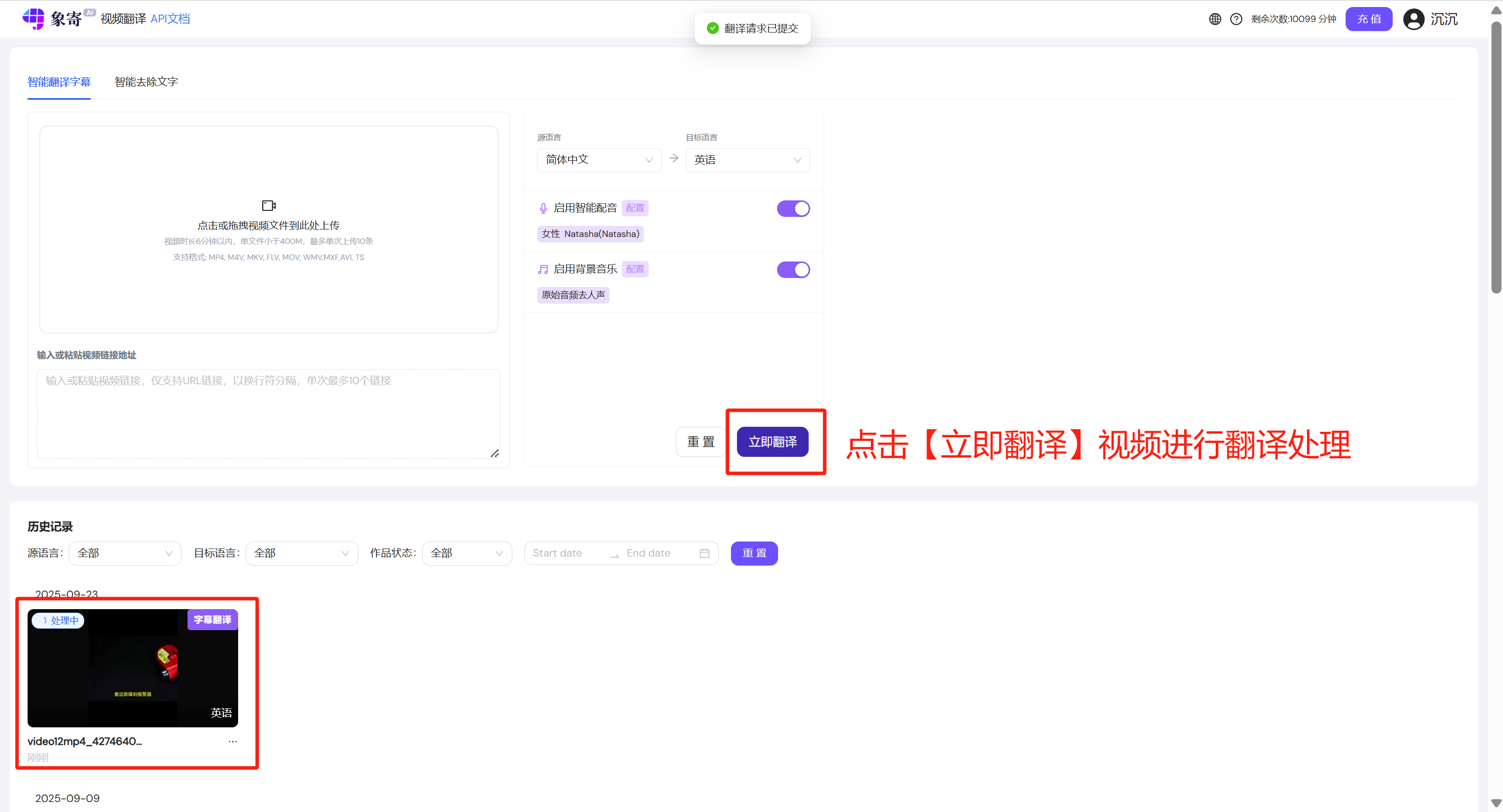视频翻译任务提交界面,显示立即翻译按钮和任务设置